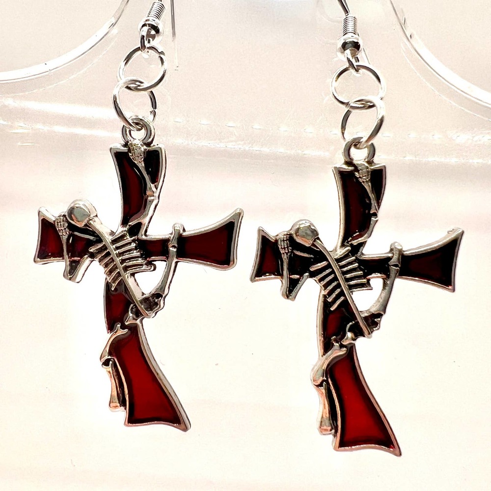Skeleton & Iron Cross Earrings - Halloween Earrings - Goth Earrings